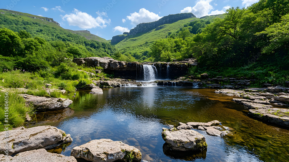 Fototapeta premium Serene Waterfall Cascading Through Mountain Valley