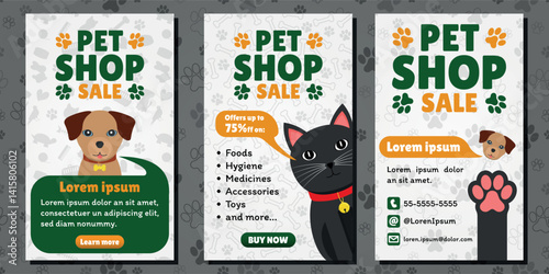 Pet Shop Sale AD - Mobile Format. 3 Image Layouts with Logo, Brown Dog and Black Cat Mascot on Different White Backgrounds. Green, Orange and White.