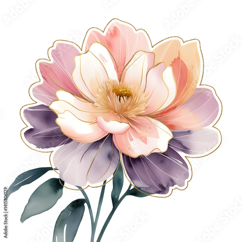 floral clipart with detailed pink, lavender, and peach flower without background, watercolor, hand-painted, whimsical, printable art for journaling, paper crafts, and digital design