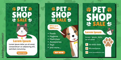 Pet Shop Sale AD - Mobile Format. 3 Image Layouts with Logo, Cat and Dog Mascot on Different Green Backgrounds. Green, Orange and White Colors.