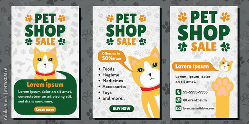 Pet Shop Sale AD - Mobile Format. 3 Image Layouts with Logo, Orange Cat Mascot and Different White Backgrounds. Green, Orange and White Colors.