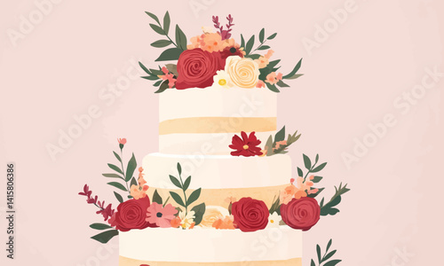 Elegant tiered celebration cake with floral decorations, Vector flat minimalistic isolated illustration