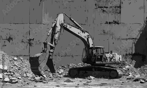 Excavator on rubble construction site work, banner cover design. Generative AI