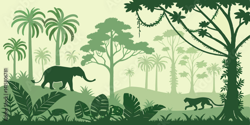 Jungle forest silhouette, rainforest background. Amazon forest scenery, african or Brazil jungle environment vector backdrop, wallpaper with palm trees, lianas, jaguar and elephant animals silhouettes