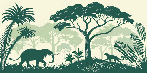 Jungle forest silhouette, rainforest background. Amazon forest scenery, african or Brazil jungle environment vector backdrop, wallpaper with palm trees, lianas, jaguar and elephant animals silhouettes