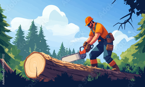 Forestry Worker Cutting Tree with Chainsaw