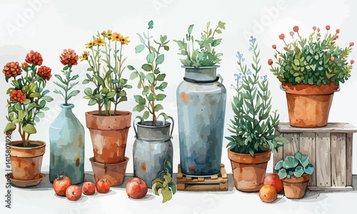 Gardening set. Spring works in the garden concept. Hand drawn watercolor illustration isolated on white background
