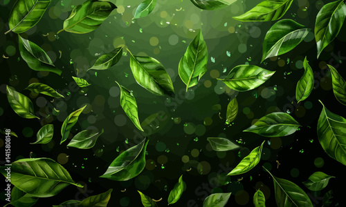 Green tea leaves fall and fly in the air. Vector illustration