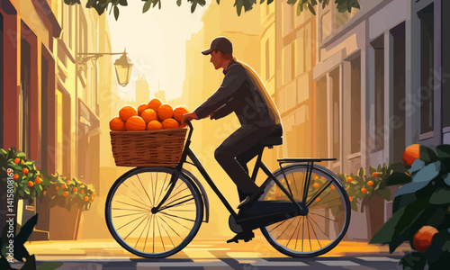 Greengrocer cycling in the city with his basket full of oranges in the morning