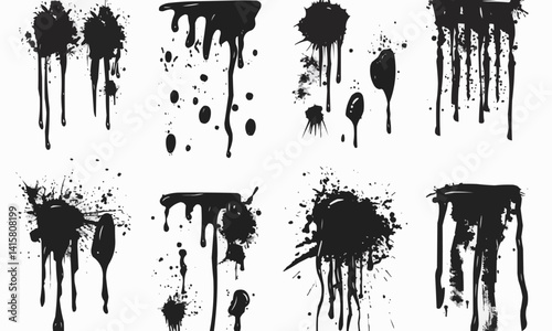 Grunge a stain black set, Drip splatter paint, paint splashes, paint streaks vector on a white background