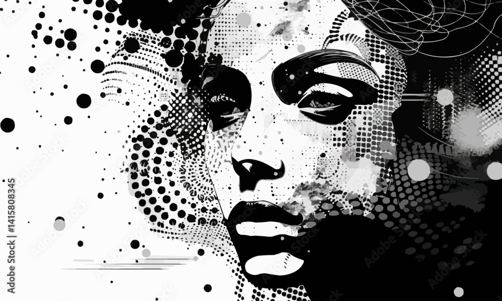 Halftone vector montage of a synthetic female face combined with abstract fractals and other graphic elements