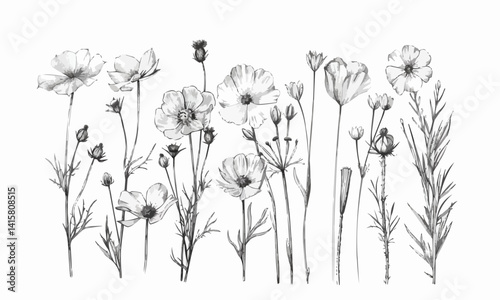 Hand drawn ink sketch of meadow wild flower set. Engraved style vector illustration