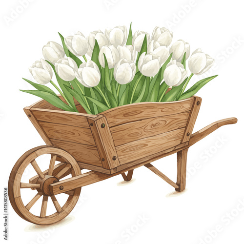 generate me a beautifully illustrated wooden wheelbarrow filed with white tulips, watercolour Pastel aesthetic, clean, high quality, high resolution isolated on a white background with no shadowing