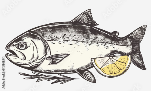 Hand drawn illustration of a salmon fish fillet, salmon steak with lemon slice, black and white vector illustration, sketch ink drawing, cross-hatching vintage art isolated on transparent background