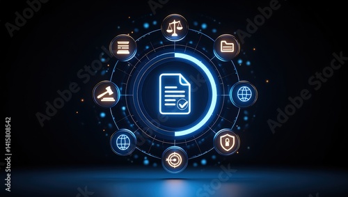 Digital compliance and data security concept with a holographic document surrounded by legal and regulatory icons, protected by hands in a dark background.