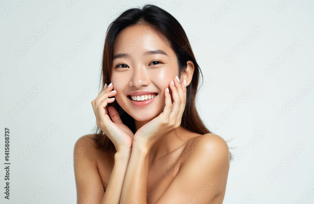 Attractive young asian woman with clean skin smiles. Female beauty portrait with hands near face. Natural makeup. Skincare concept. Perfect smooth skin on white background. Attractive young asian woman with clean skin smiles. Female beauty portrait with hands near face. Natural makeup. Skincare concept. Perfect smooth skin on white background.