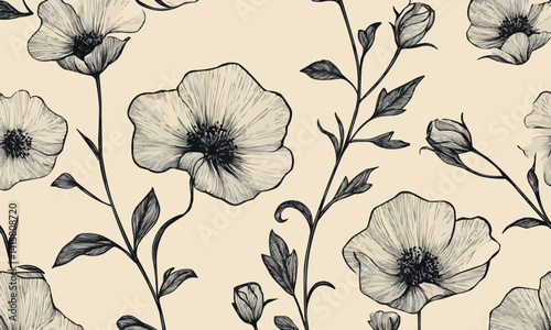Hand-drawn black floral outlines on a light background create an elegant, artistic pattern suitable for various creative projects