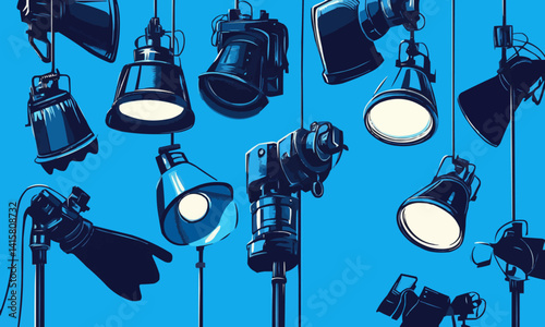 Hanging photostudio lamp Comic lamps idea doodle Spotlight concept Fun vector photo studio flashes