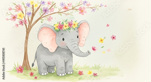 Whimsical Watercolor Elephant with Floral Garland Under Blossoming Tree photo
