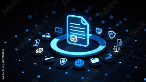 Digital compliance and data security concept with a holographic document surrounded by legal and regulatory icons, protected by hands in a dark background.