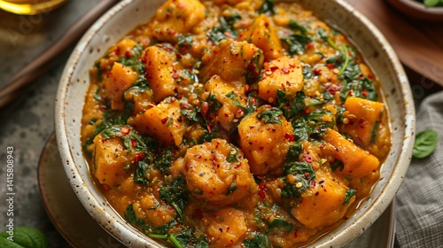 Nigerian yam porridge red palm oil and spinach plated in a white ceramic bowl overhead view