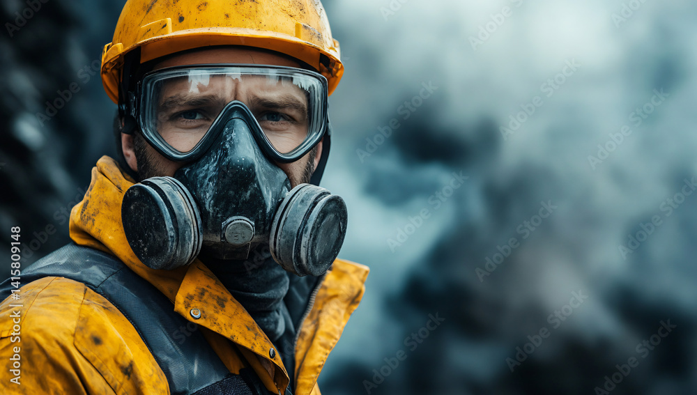Close-up portrait of a man, wearing a respirator and safety gear, amidst a smoky, industrial backdrop. The image conveys a sense of seriousness and the potential hazards of industrial work. Close-up portrait of a man, wearing a respirator and safety gear, amidst a smoky, industrial backdrop. The image conveys a sense of seriousness and the potential hazards of industrial work.