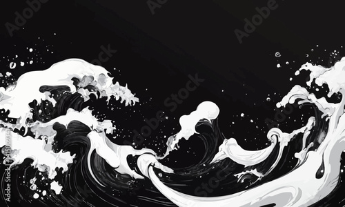High-contrast wave forms creating a sense of drama and tension, creative storytelling, black and white waves