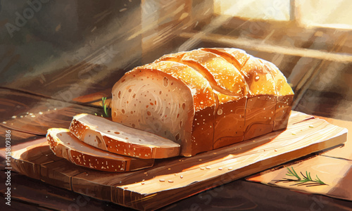 illustration of freshly baked bread with a golden crust sliced on a board with warm sunlight streaming in from a cozy kitchen setting