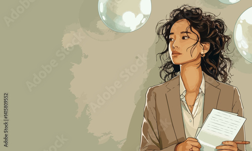 illustration of pensive young Asian female manager in elegant suit with curly hair and documents looking away while thinking about business ideas in contemporary office