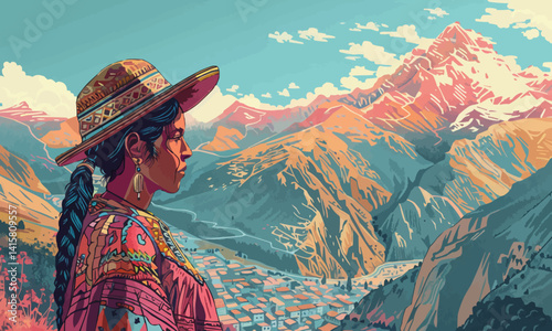 illustration of Peruvian woman and mountains with city