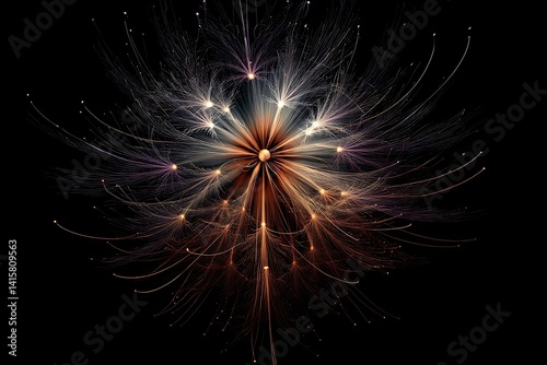 A mesmerizing abstract dandelion radiating glowing light filaments against a dark backdrop, creating an ethereal and magical atmosphere.