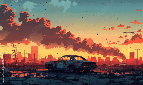 illustration of post apocalyptic scenery with damaged car and smoking city in clouds