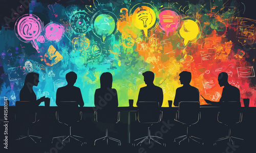 illustration colorful creative agency business brain storm meeting people with icon line presentation