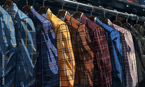 illustration of selection of luxurious men checkered suits on hangers in a high end fashion stores tailoring section