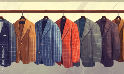 illustration of selection of luxurious men checkered suits on hangers in a high end fashion stores tailoring section