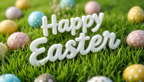 White 3d Happy Easter text on green grass background and colorful Easter eggs. idea for Easter cards, social media, greeting card, poster, brochure flyer. WhiteHappy Easter 3d rendering