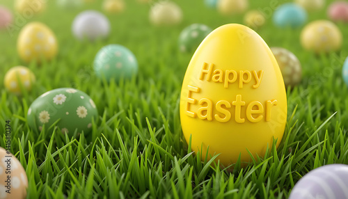 Yellow 3d Happy Ecaster text on yellow egg and grass. colorful Easter eggs. idea for Easter cards, social media, greeting card, poster, brochure flyer. Yellow Happy Easter 3d rendering