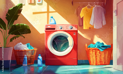 Illustration of a laundry room service showcasing a functional cartoon washing machine surrounded by laundry baskets and detergent on a colorful background