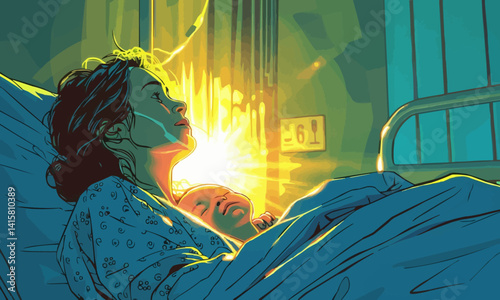 illustration of serene mother in a hospital gown admires her sleeping newborn baby in a dimly lit room