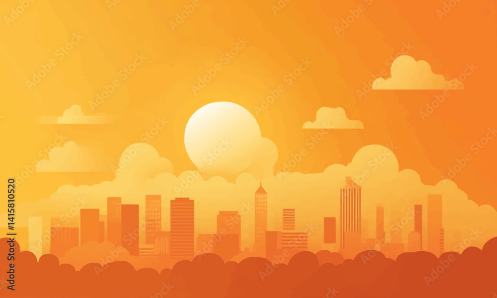 Illustration of a sunny day with an orange sky and clouds illustrating climate change. Illustration of a sunny day with an orange sky and clouds illustrating climate change.