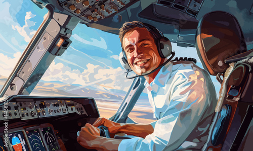 illustration of smiling male pilot with headset sitting in the cockpit of an airplane looking at camera