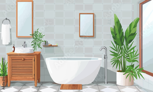 illustration of spacious bathroom interior furnished with bathtub and wooden cabinet with sink decorated with potted plant and mirror
