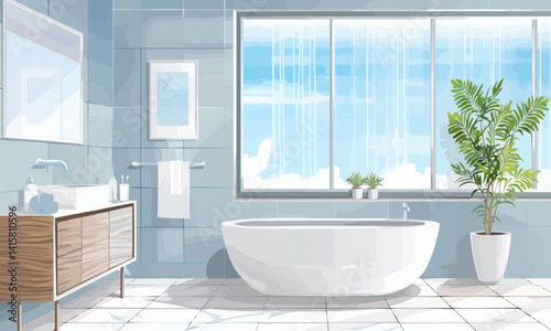 illustration of spacious bathroom interior furnished with bathtub and cabinet with sink near panoramic window
