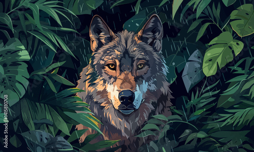 illustration of concentrated wild wolf with looking at camera in the rain amidst green leaves lush forest