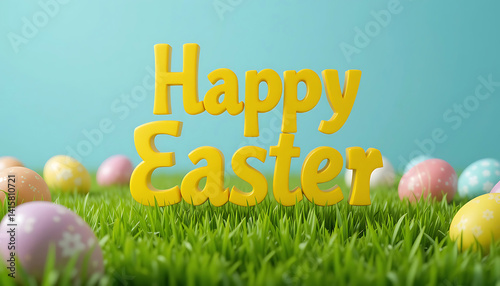 Yellow 3d Happy Easter text on green grass background and colorful Easter eggs. idea for Easter cards, social media, greeting card, poster, brochure flyer. Yellow Happy Easter 3d rendering