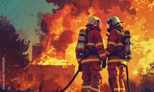 illustration of unrecognizable firefighters in protective uniform and helmet with fire extinguisher standing near burning building