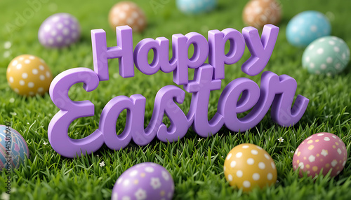 Purple 3d Happy Easter text on green grass background and colorful Easter eggs. idea for Easter cards, social media, greeting card, poster, brochure flyer. Purple Happy Easter 3d rendering