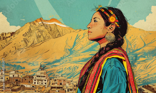 illustration of Peruvian woman and mountains with city
