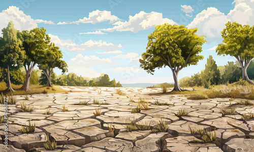 illustration of picturesque dry grassy meadow with lush trees and cracks on ground representing concept of drought in desert