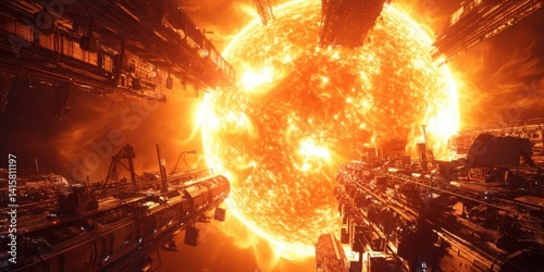 Fototapeta Naklejka Na Ścianę i Meble -  A massive celestial body radiates intense heat and light, dwarfing nearby industrial space stations in an awe-inspiring cosmic vista.